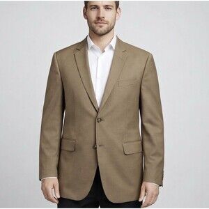 Jos A Bank 43R Slim Fit Sport Coat Blazer Tan 100% Wool 2 Button Mens